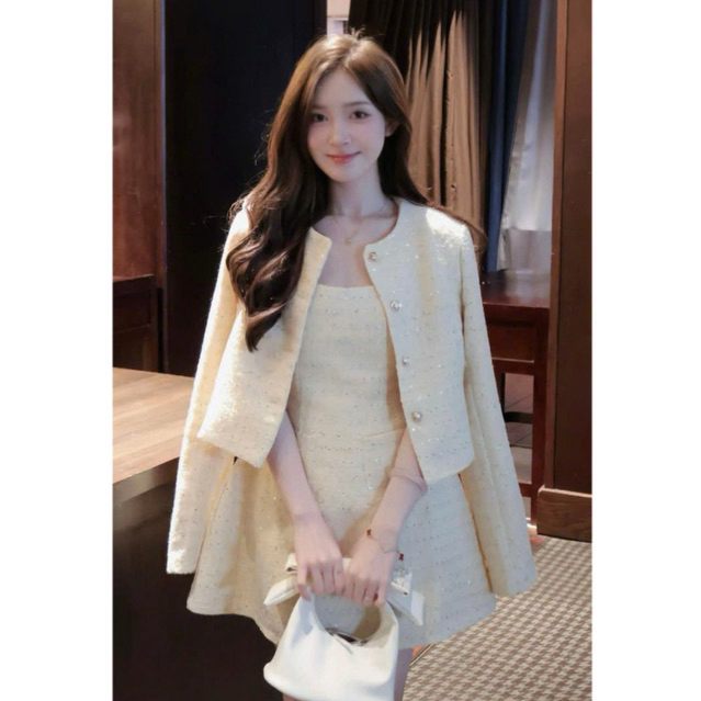 MIU.STUDIO •”Fari Set” Set áo khoác dạ tweed kim sa dáng croptop dài tay đính khuy đồng + Váy đầm nữ 2S dáng A cao cấp