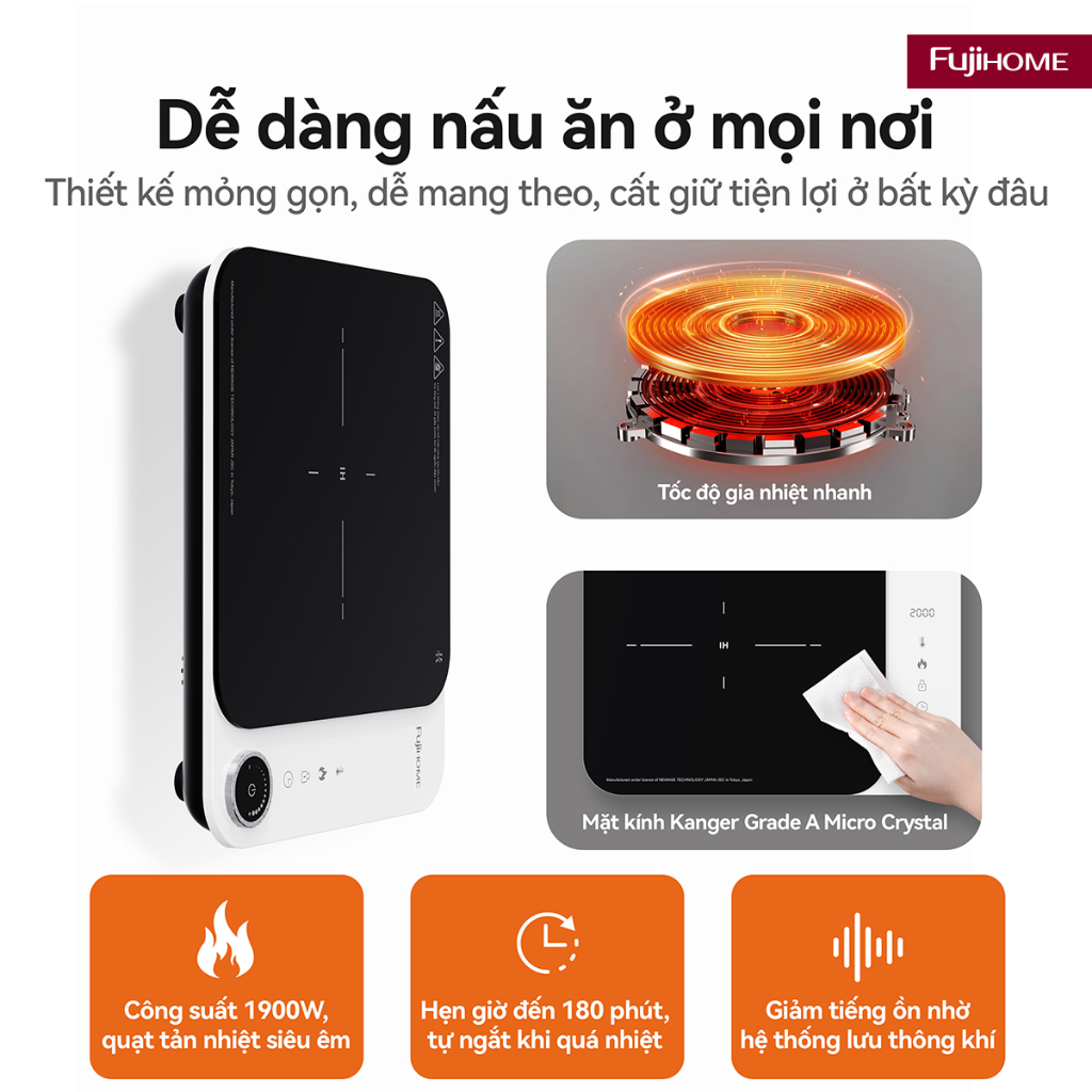 Bếp từ mini Nhập Khẩu FUJIHOME IC1901W, bếp điện từ đơn nấu nhanh công suất lớn tiết kiệm điện