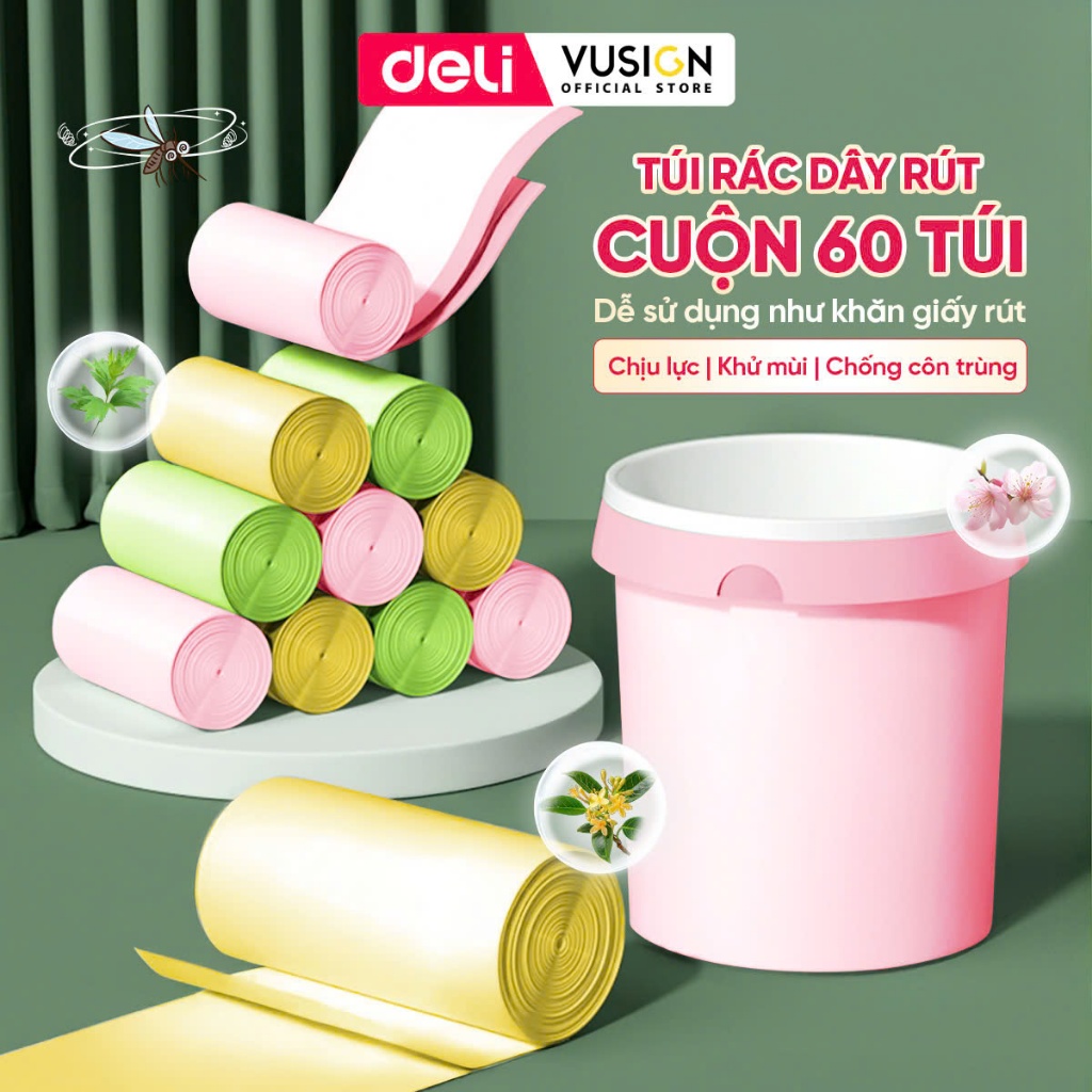 Cuộn 60 Túi Đựng Rác Dây Rút Hương DelixVusign Chống Côn Trùng Dày Dặn, Dai, Không Rò Rỉ Chống Rách cho thùng rác