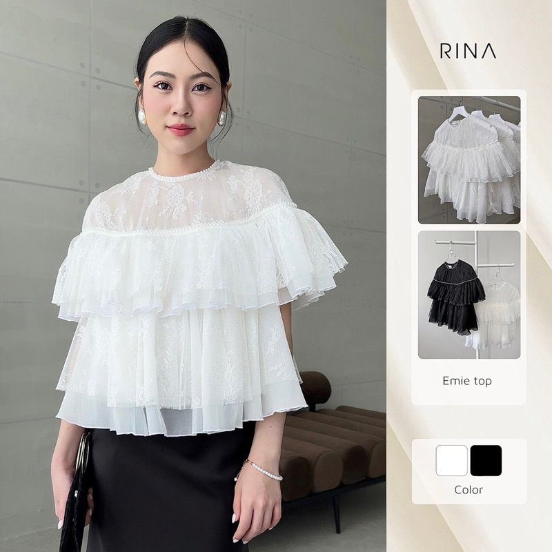 RINA - EMIE TOP - Áo kiểu nữ nhún bèo chất liệu ren phối tơ tiểu thư ...
