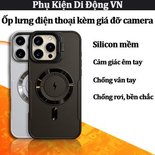 Ốp lưng iPhone silicon chống sốc chống trầy kèm giá đỡ camera hỗ trợ từ tính cho iPhone 13 14 15 16 Pro Max 14 15 Plus