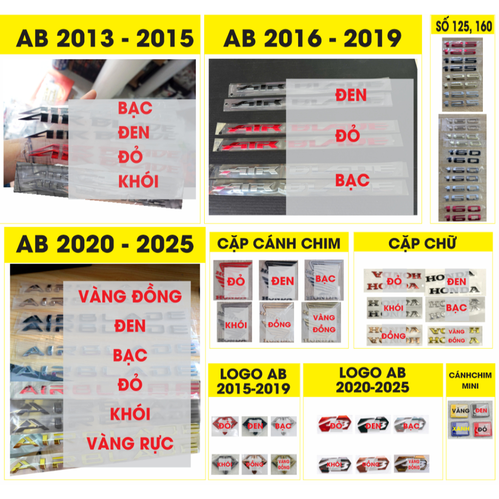 AB TỔNG HỢP. CHỮ NỔI ốp sườn. AB 2013-2015, AB 2016-2019, AB 2020-2025.  Logo dán xe AB xi mạ cao cấp, có sẵn keo dán