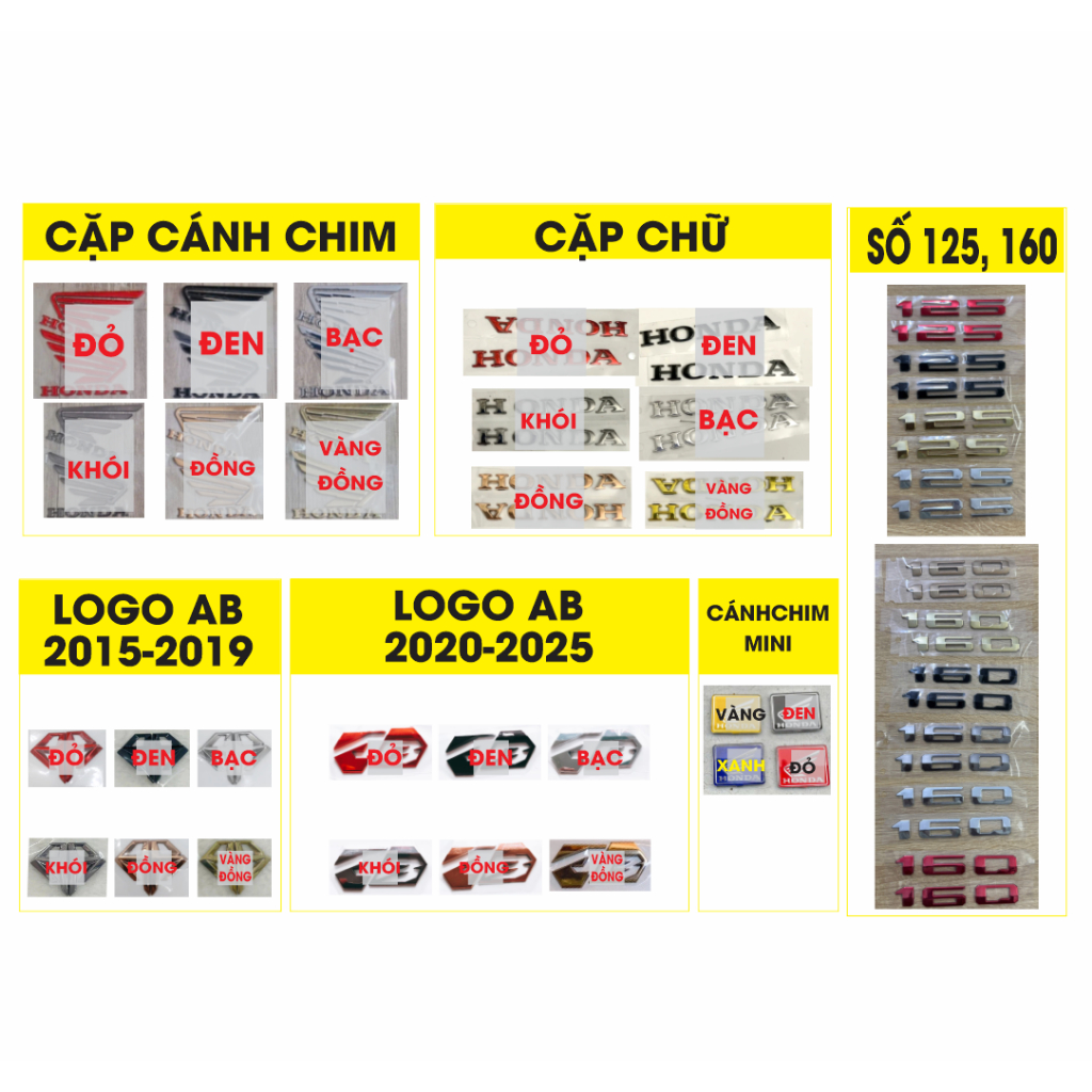 AB TỔNG HỢP. CHỮ NỔI ốp sườn. AB 2013-2015, AB 2016-2019, AB 2020-2025.  Logo dán xe AB xi mạ cao cấp, có sẵn keo dán