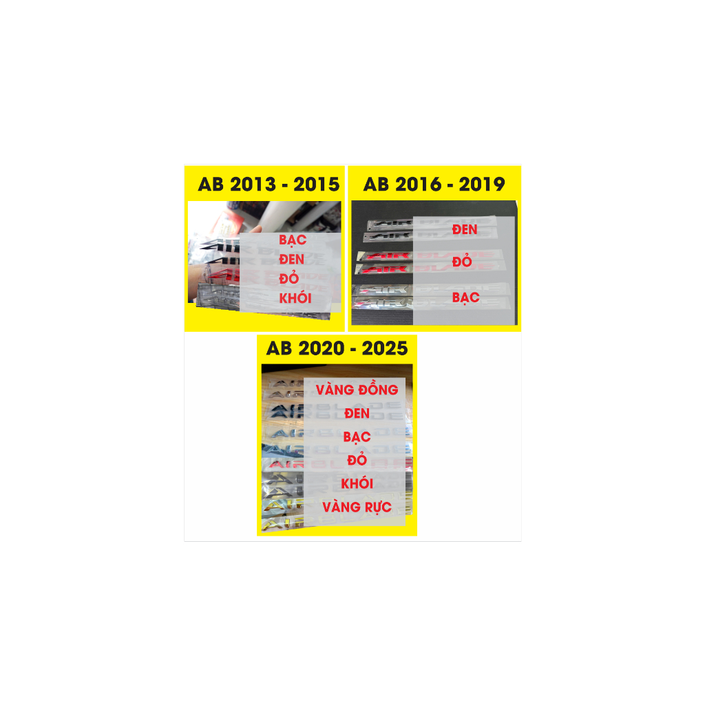 AB TỔNG HỢP. CHỮ NỔI ốp sườn. AB 2013-2015, AB 2016-2019, AB 2020-2025.  Logo dán xe AB xi mạ cao cấp, có sẵn keo dán