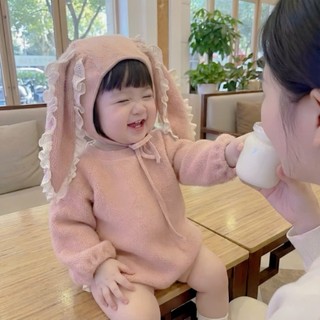 Bodysuit dài tay kèm nón tai thỏ bé gái 4-11Kg. Bộ đồ dài tay thu đông cho bé đầy tháng. Dino Kids