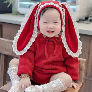 Bodysuit dài tay kèm nón tai thỏ bé gái 4-11Kg. Bộ đồ dài tay thu đông cho bé đầy tháng. Dino Kids