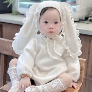 Bodysuit dài tay kèm nón tai thỏ bé gái 4-11Kg. Bộ đồ dài tay thu đông cho bé đầy tháng. Dino Kids