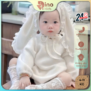 Bodysuit dài tay kèm nón tai thỏ bé gái 4-11Kg. Bộ đồ dài tay thu đông cho bé đầy tháng. Dino Kids
