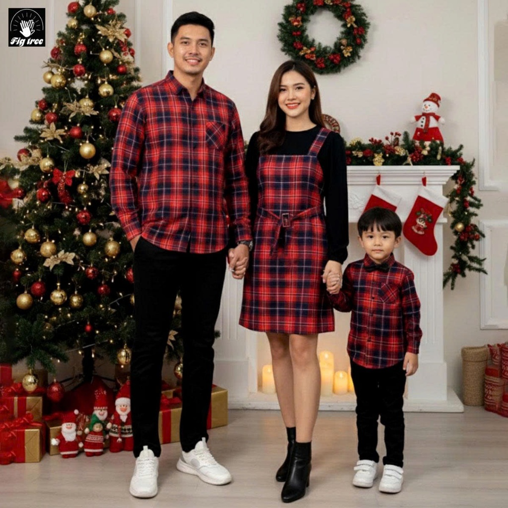 Set Sơ Mi Yếm Fig Tree Caro Đỏ, Set Đồ Gia Đình,  Mã 179A (Hàng thiết kế - Nữ Kèm Áo Thun)