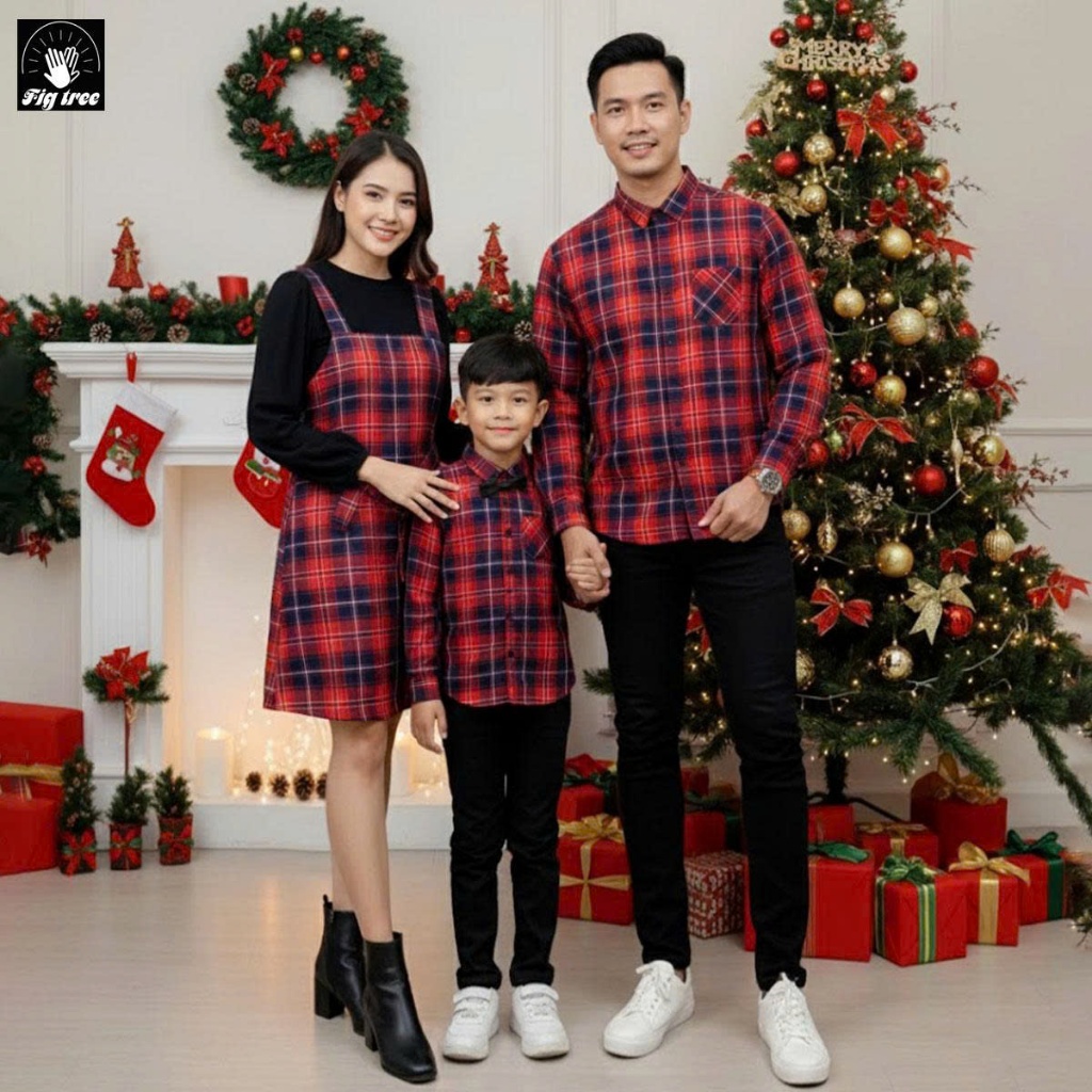 Set Sơ Mi Yếm Fig Tree Caro Đỏ, Set Đồ Gia Đình,  Mã 179A (Hàng thiết kế - Nữ Kèm Áo Thun)
