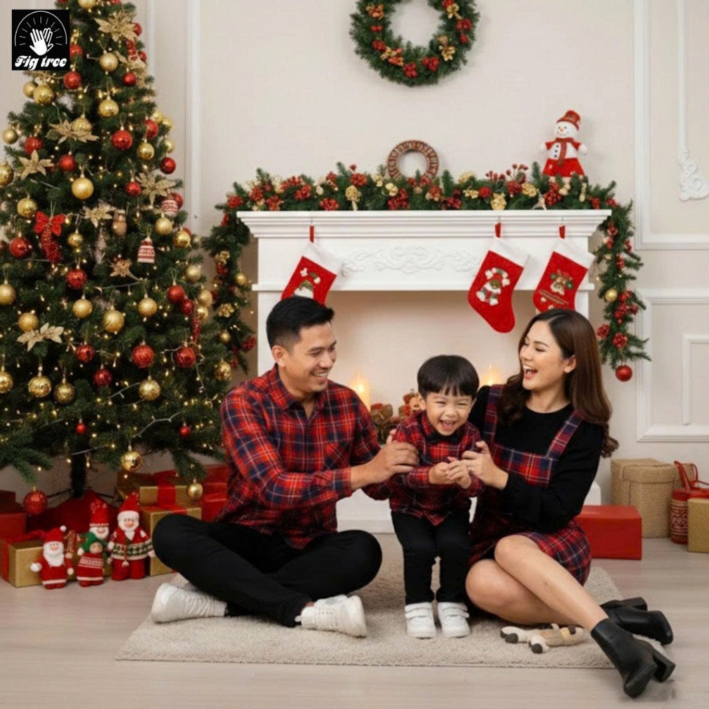 Set Sơ Mi Yếm Fig Tree Caro Đỏ, Set Đồ Gia Đình,  Mã 179A (Hàng thiết kế - Nữ Kèm Áo Thun)