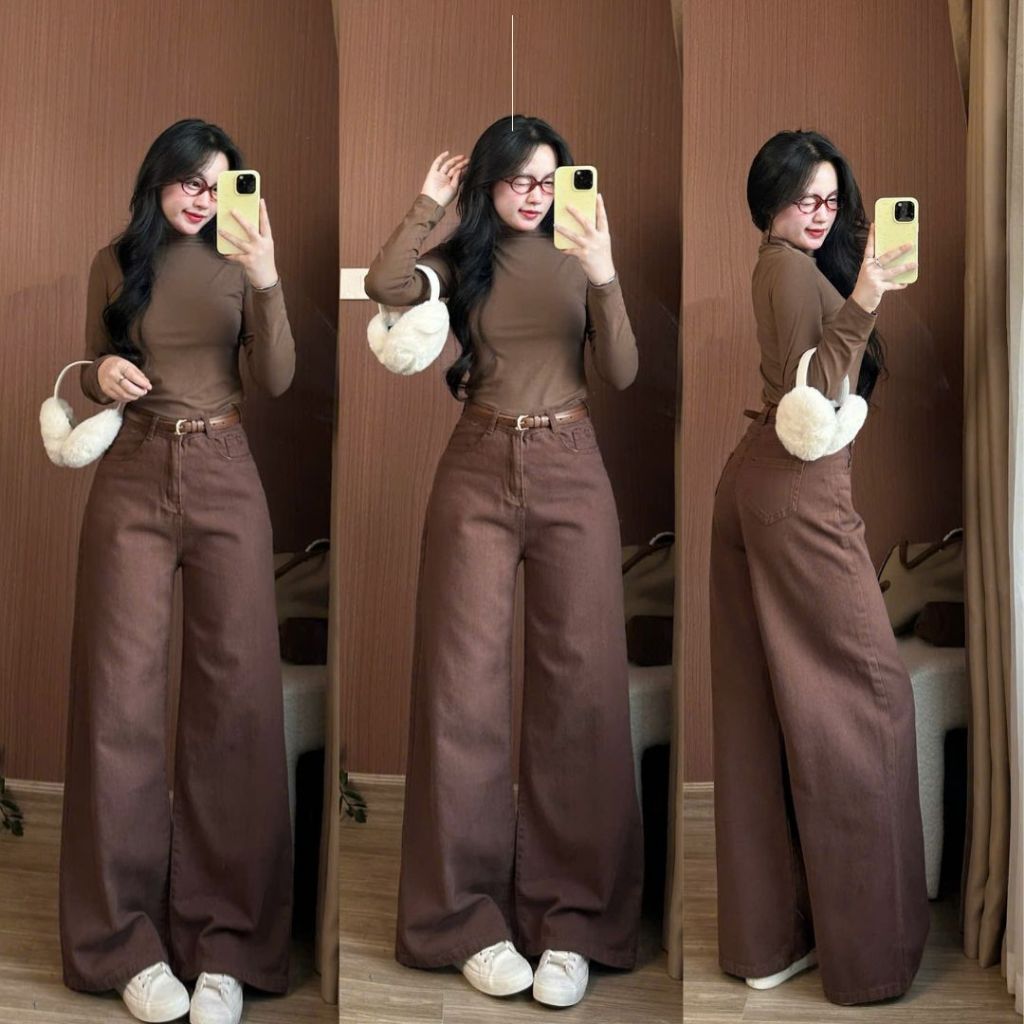 Quần Jean Nâu Ống Loe Nữ Joolate Quần Jeans Harem Form Rộng Loe nhẹ Phong Cách Hàn Quốc Siêu Xinh