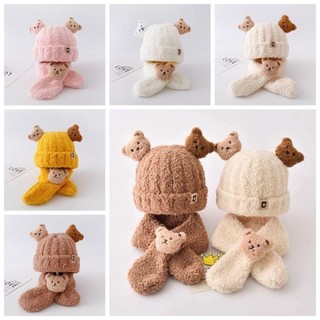Set Mũ & Khăn Bông Tai Gấu Cho Bé – Siêu Mềm Ấm, Len Bông Dễ Thương, Giữ Nhiệt Mùa Đông