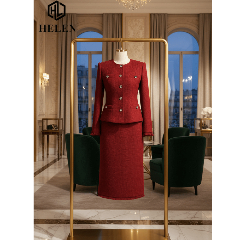 Đầm liền công sở HELEN thiết kế dáng ôm dạ đỏ giả set tay dài DL350