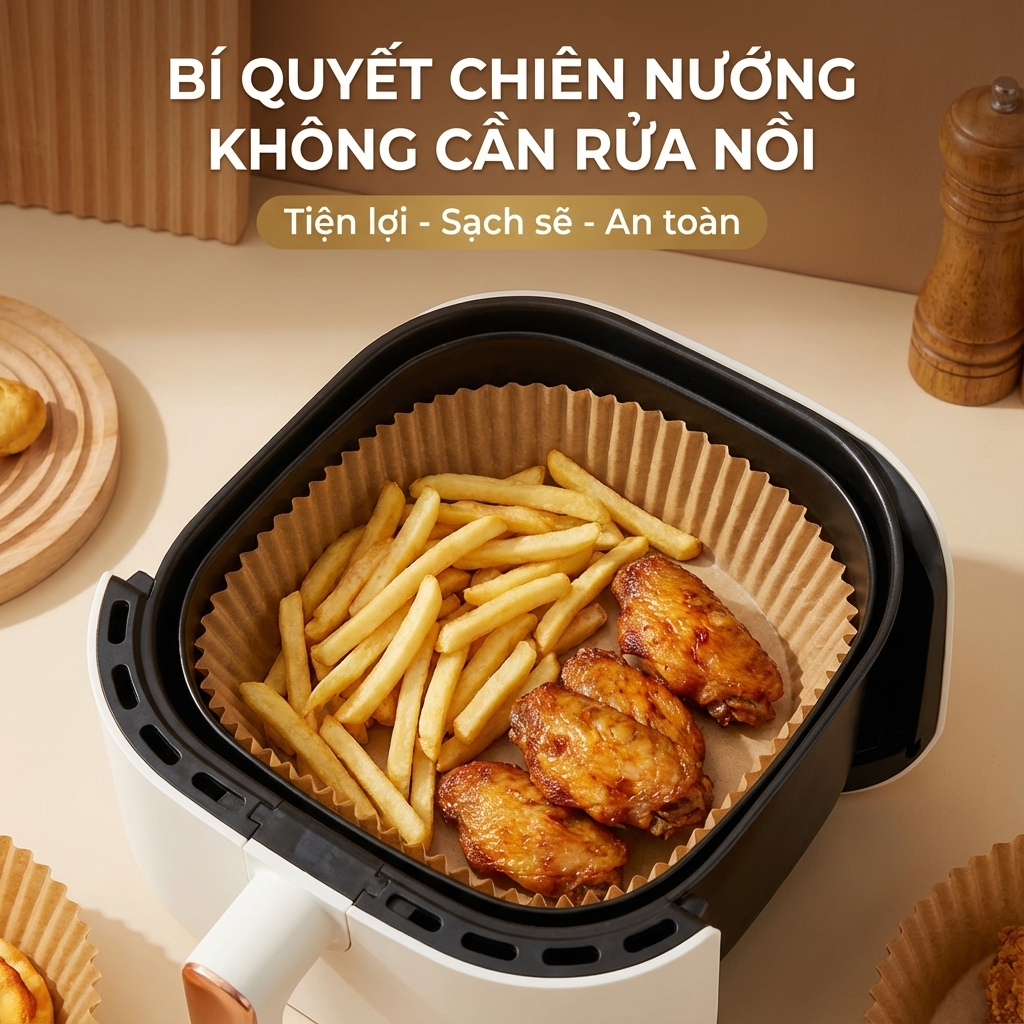COMBO 50 Tờ Giấy Lót Nồi Chiên Hình Khuôn Bánh, Miếng Lót Nồi Chiên Không Dầu Chống Bám Dầu Mỡ