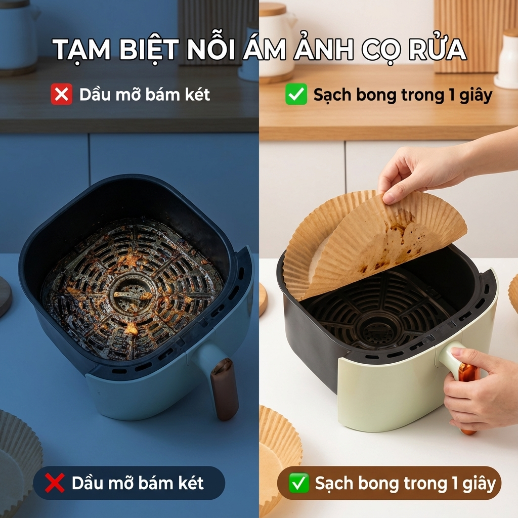 COMBO 50 Tờ Giấy Lót Nồi Chiên Hình Khuôn Bánh, Miếng Lót Nồi Chiên Không Dầu Chống Bám Dầu Mỡ