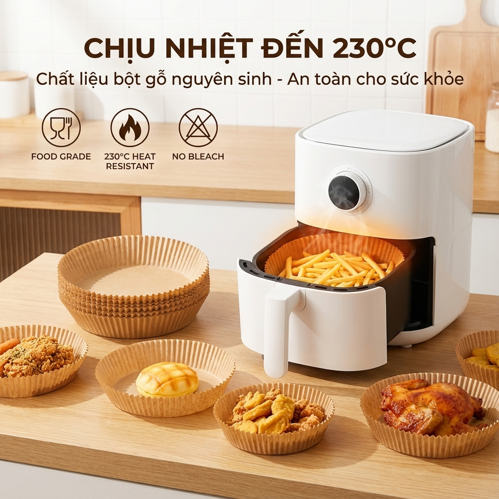 COMBO 50 Tờ Giấy Lót Nồi Chiên Hình Khuôn Bánh, Miếng Lót Nồi Chiên Không Dầu Chống Bám Dầu Mỡ