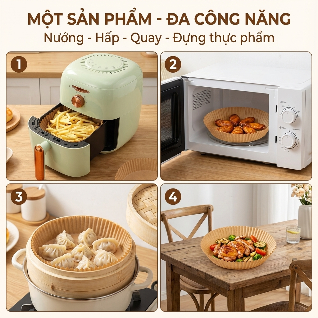 COMBO 50 Tờ Giấy Lót Nồi Chiên Hình Khuôn Bánh, Miếng Lót Nồi Chiên Không Dầu Chống Bám Dầu Mỡ
