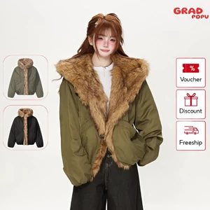 Áo khoác GRADPOPU cotton dày lót lông cừu ấm áp có mũ trùm đầu kiểu dáng rộng rãi thoải mái AK423