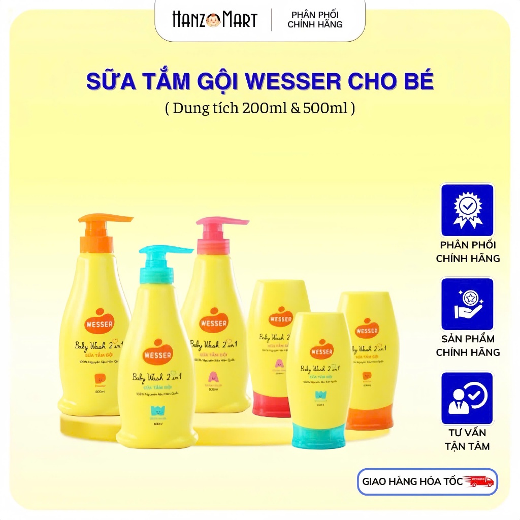Sữa Tắm Gội Cho Bé Wesser 2 In 1 loại 200ml-500ml (Cam/Xanh Lá/Hồng)