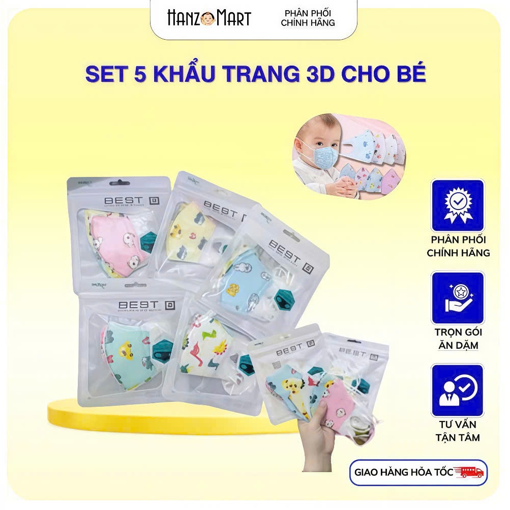 Set 5 Khẩu Trang 3D Cho Bé - HBQ Kids