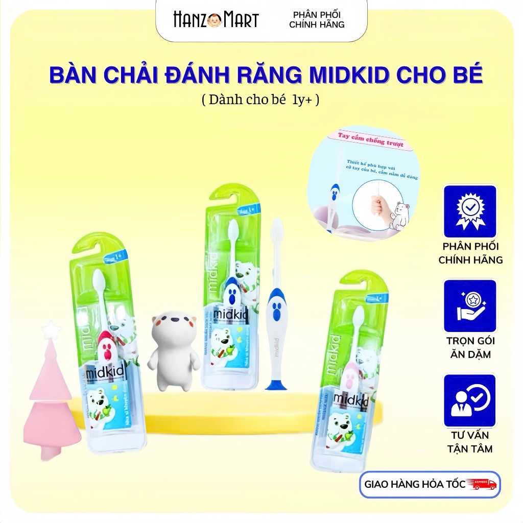 Bàn chải đánh răng Midkid cho bé từ 1 tuổi giúp làm sạch răng, lông chải mềm mại