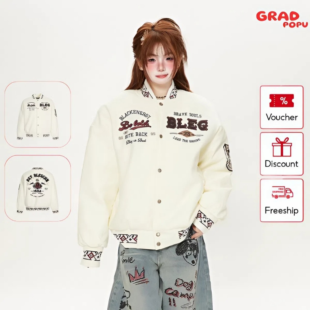 Áo khoác nữ GRADPOPU bóng chày chần bông kiểu Mỹ chất cotton lưng thêu họa tiết kim cương AK427