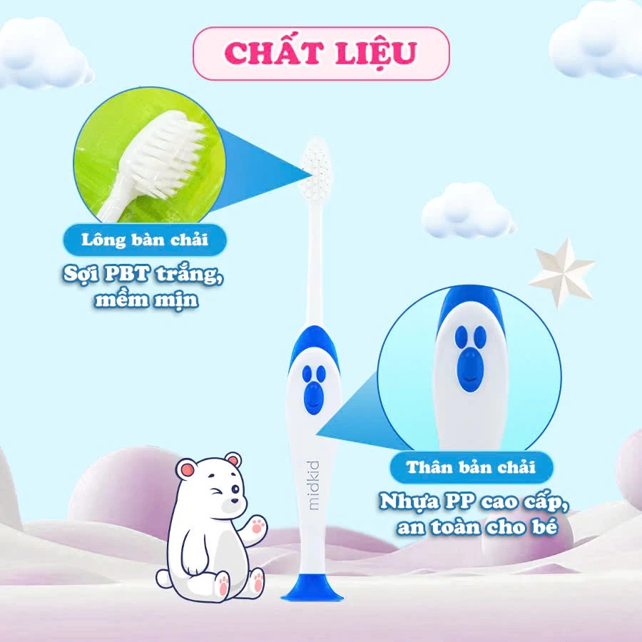 Bàn chải đánh răng Midkid cho bé từ 1 tuổi giúp làm sạch răng, lông chải mềm mại