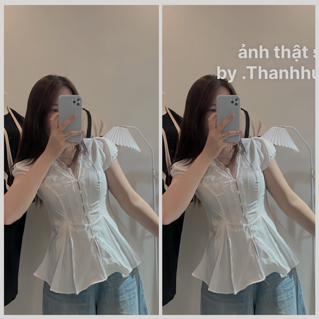Áo sơ mi chiết eo phối ren kèm dây buộc tôn dáng by.Thanhhuyenclothings