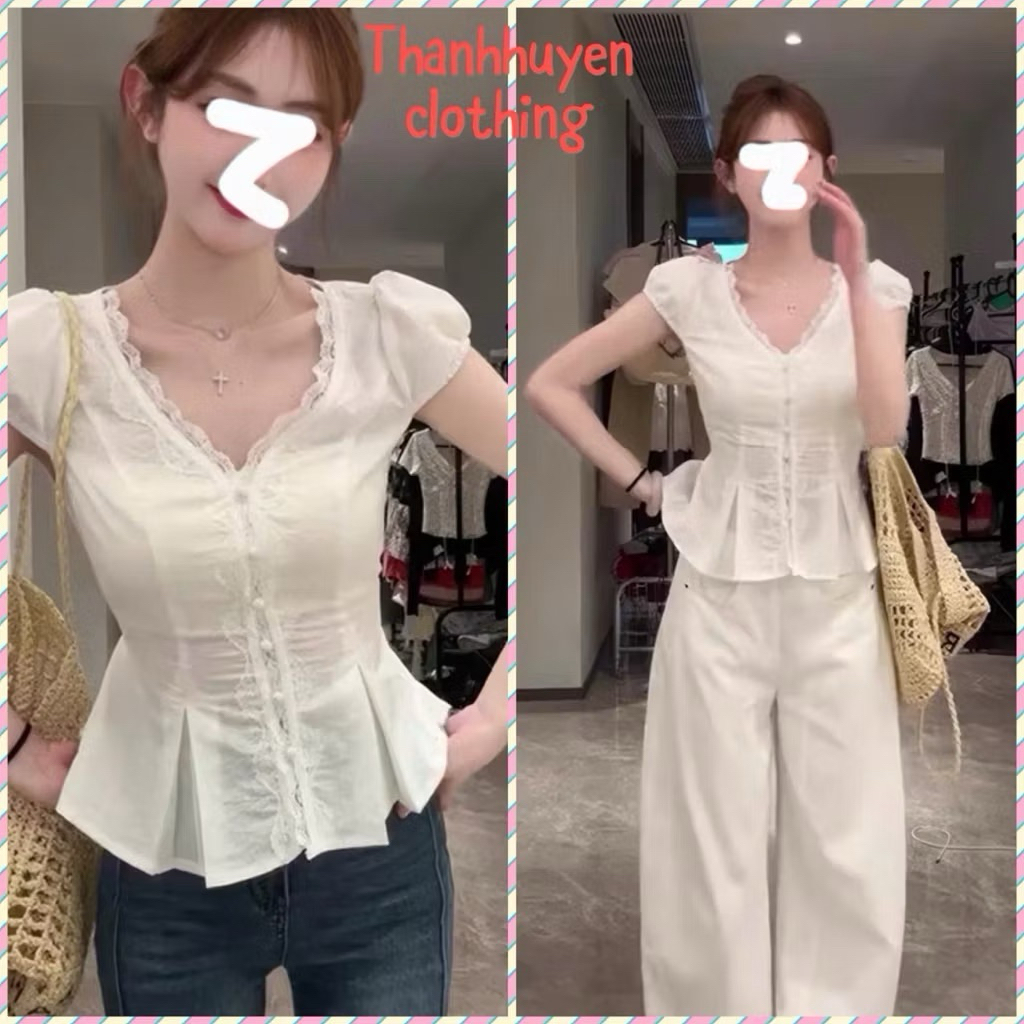 Áo sơ mi chiết eo phối ren kèm dây buộc tôn dáng by.Thanhhuyenclothings