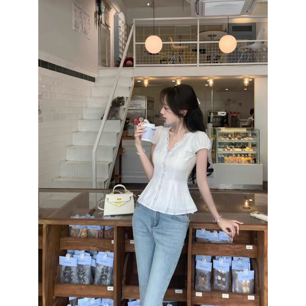 Áo sơ mi chiết eo phối ren kèm dây buộc tôn dáng by.Thanhhuyenclothings