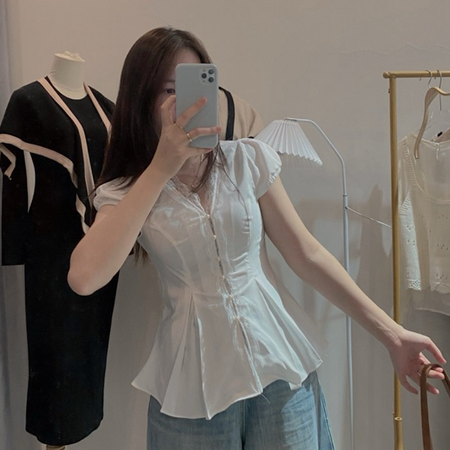 Áo sơ mi chiết eo phối ren kèm dây buộc tôn dáng by.Thanhhuyenclothings
