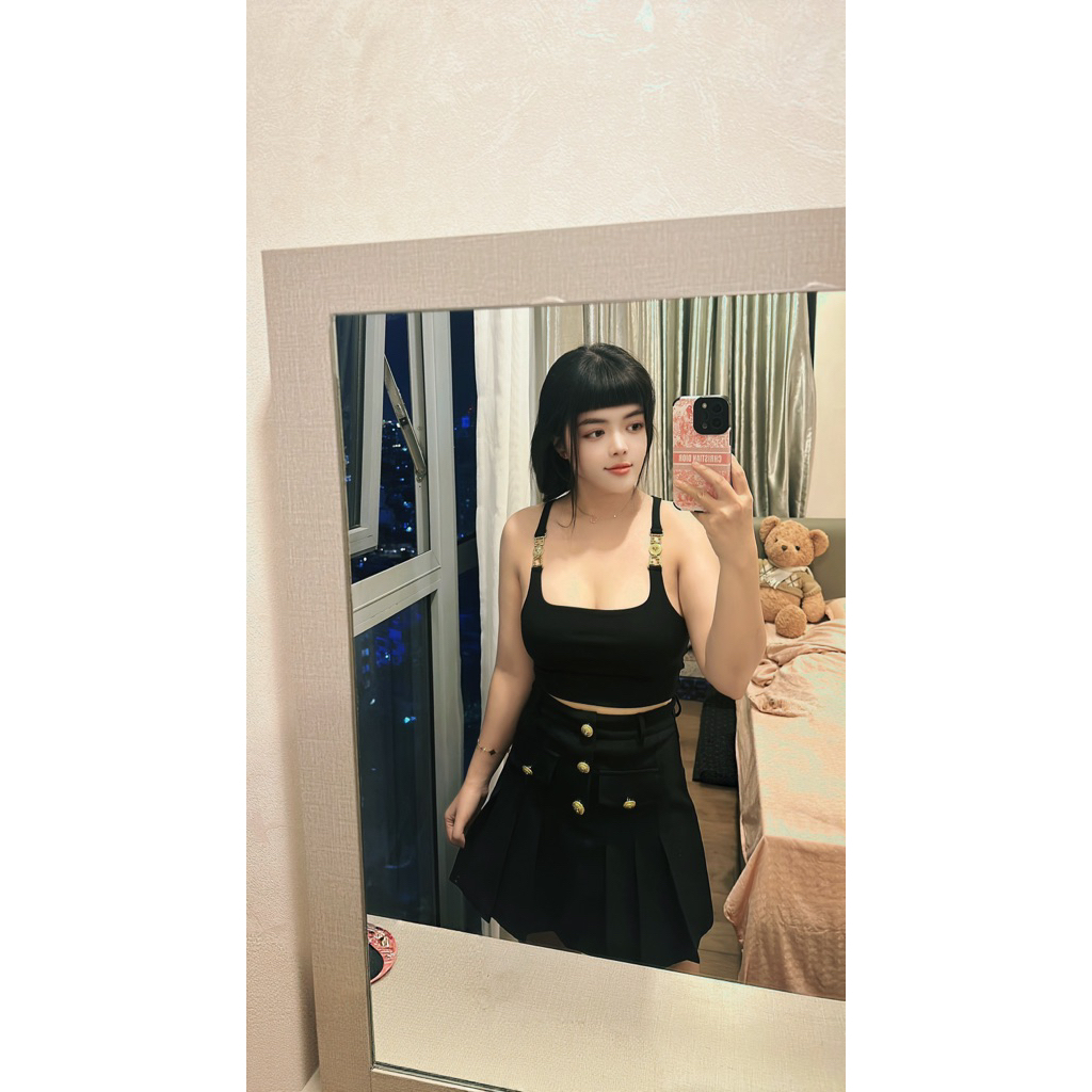 set áo hai dây croptop và short thun nút ngắn