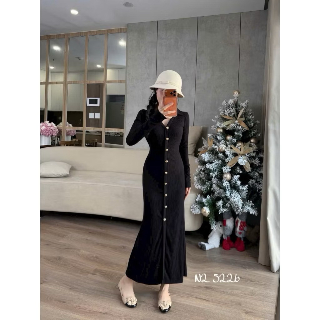 Đầm ,Váy len body cổ V Dáng dài ôm body tôn dáng by.Thanhhuyenclothings