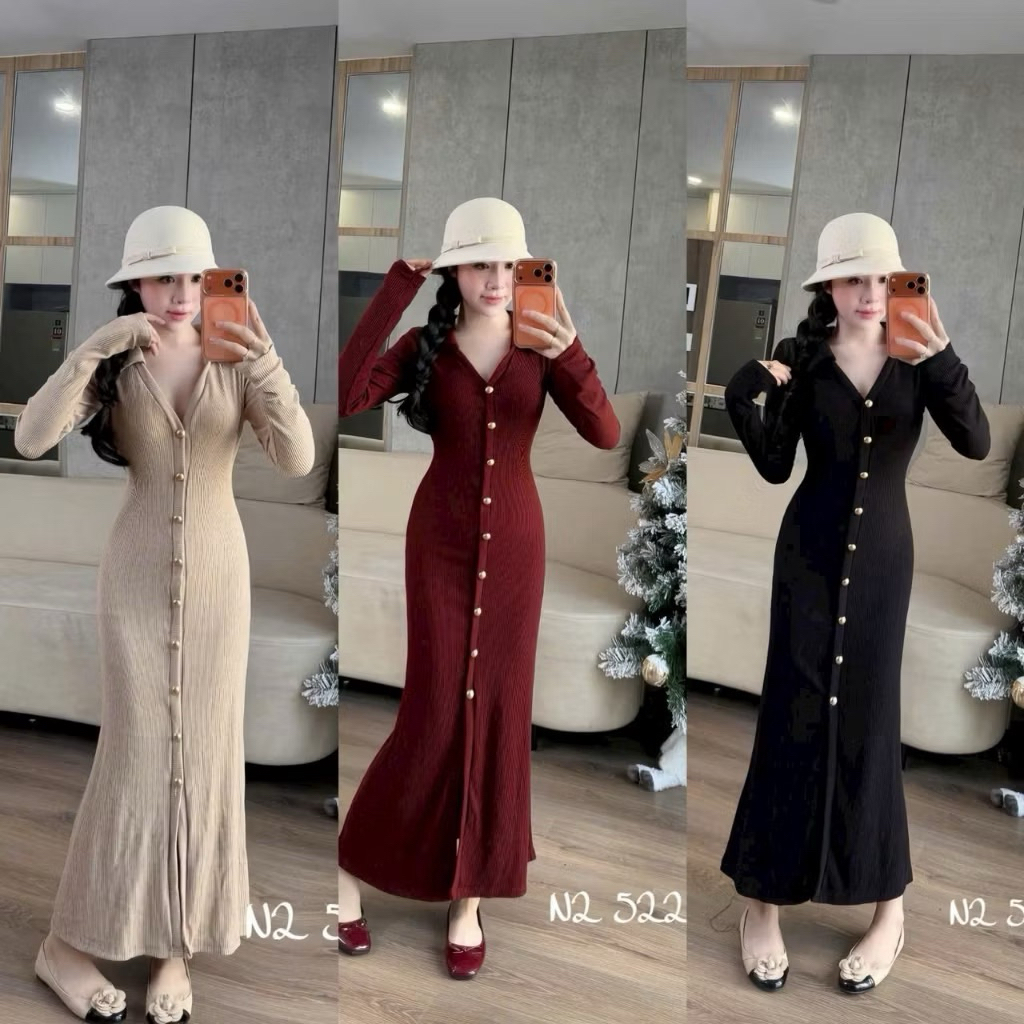 Đầm ,Váy len body cổ V Dáng dài ôm body tôn dáng by.Thanhhuyenclothings