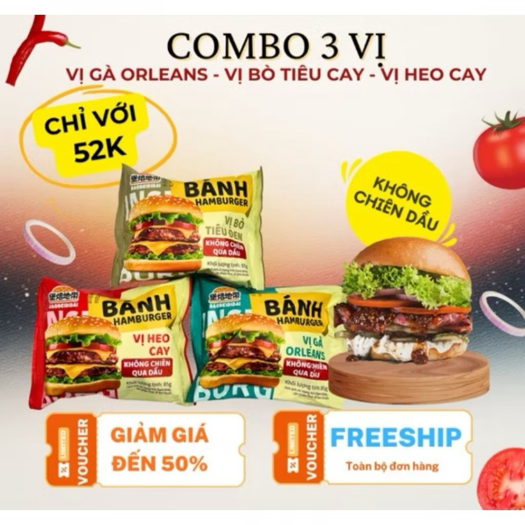 {Chính hãng} (GIÁ SỈ )combo 3 bánh mì hamburger vị gà,vị bò, vị heo cay ăn vặt ngon tuyệt vời