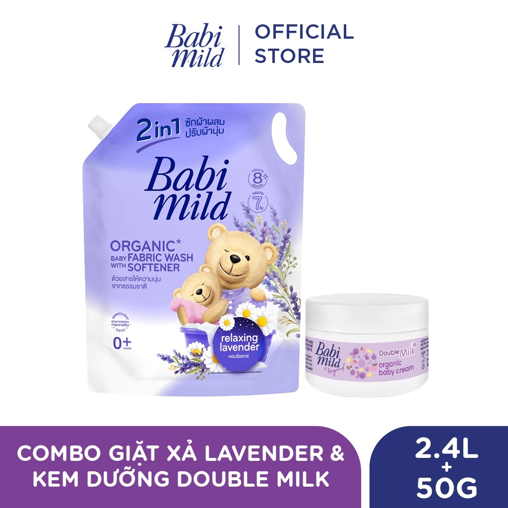 Combo Nước Giặt Xả Dịu Nhẹ Cho Bé 2in1 Babi Mild 2400ml/túi + Kem dưỡng da trẻ em 50g