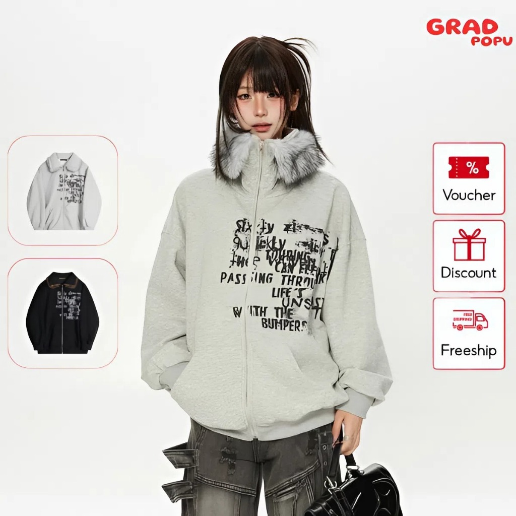 Áo khoác GRADPOPU cổ lông có thể tháo rời in chữ thương hiệu phong cách đường phố Mỹ rộng rãi AK437