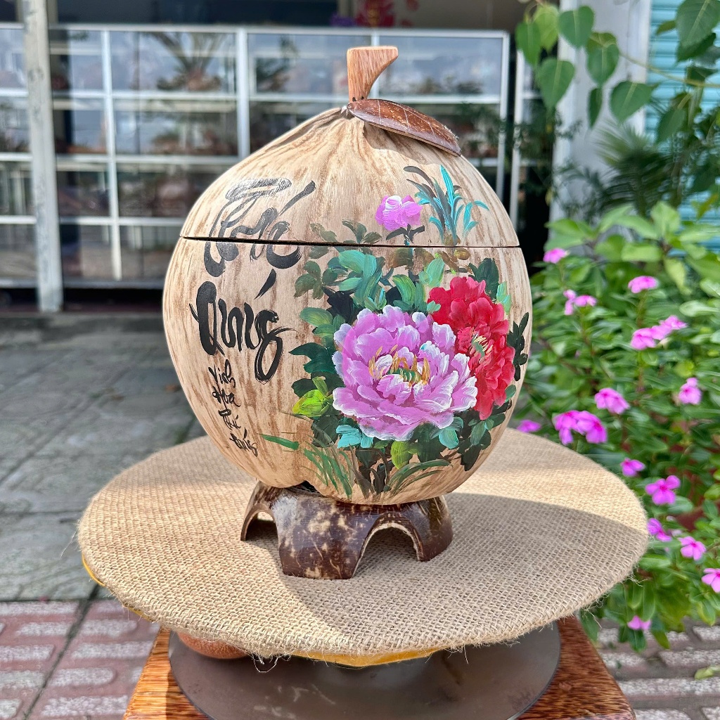 [ SIZE 800ML - 1000ML ] Bình Ủ Trái Dừa Vẽ Thư Pháp Mẫu PHÚ QUÝ THÔ Giữ Nhiệt Ấm Trà Cao Cấp, Trang Trí Bàn Trà Sang