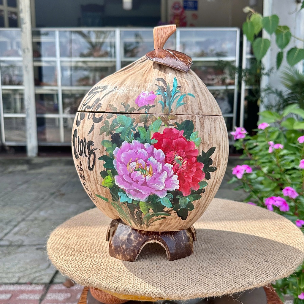 [ SIZE 800ML - 1000ML ] Bình Ủ Trái Dừa Vẽ Thư Pháp Mẫu PHÚ QUÝ THÔ Giữ Nhiệt Ấm Trà Cao Cấp, Trang Trí Bàn Trà Sang