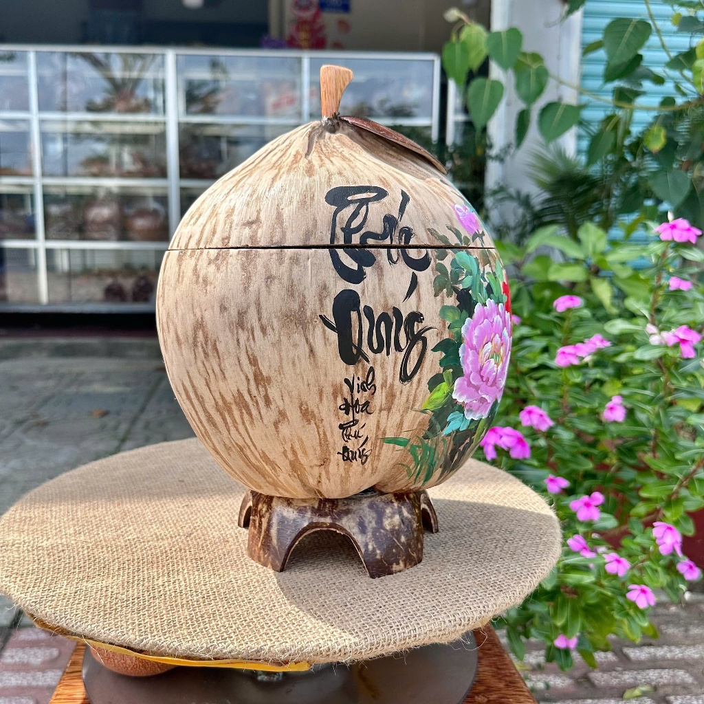 [ SIZE 800ML - 1000ML ] Bình Ủ Trái Dừa Vẽ Thư Pháp Mẫu PHÚ QUÝ THÔ Giữ Nhiệt Ấm Trà Cao Cấp, Trang Trí Bàn Trà Sang