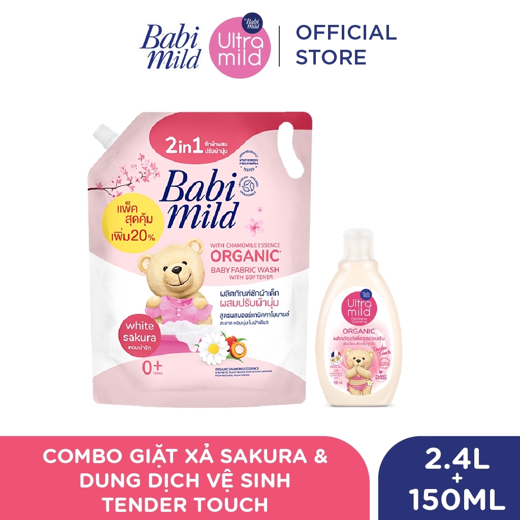 Combo Nước Giặt Xả Dịu Nhẹ Cho Bé 2in1 Babi Mild 2400ml/túi + Dung Dịch Vệ Sinh Phụ Nữ 150ml