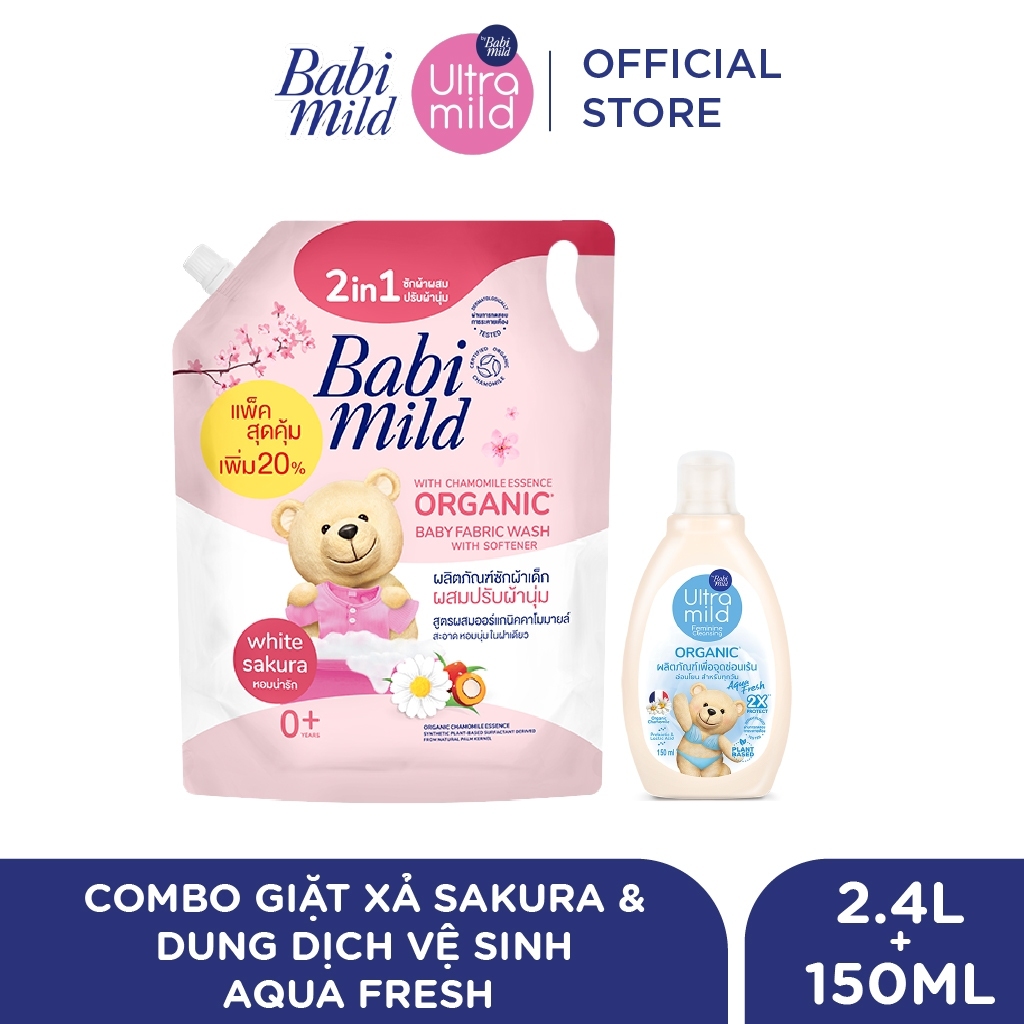 Combo Nước Giặt Xả Dịu Nhẹ Cho Bé 2in1 Babi Mild 2400ml/túi + Dung Dịch Vệ Sinh Phụ Nữ 150ml