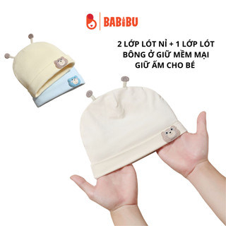 Mũ nỉ trần bông 3 lớp tai ốc sên, trần bông họa tiết đính gấu dày dặn mềm mịn giữ ấm cho bé từ 0 - 5 tháng