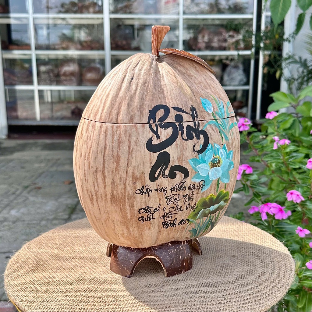 [ SIZE 800ML - 1000ML ] Bình Ủ Trái Dừa Vẽ Thư Pháp Mẫu BÌNH AN THÔ XANH Giữ Nhiệt Ấm Trà Cao Cấp Trang Trí Bàn Trà Sang