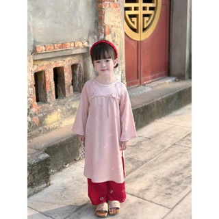 Bộ áo dài tết bé gái NGỌC MÂY Cúc Chi tặng kèm bờm tóc - Chất Liệu Cao Cấp, Size 8-44kg