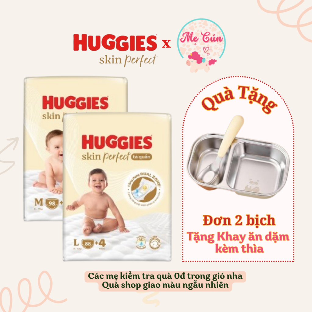 (Tặng khay ăn dặm) Bộ 2 bịch tã quần Huggies Skin Perfect M98+4, L88+4, XL72+4, XXL64+4 hai vùng thấm hút