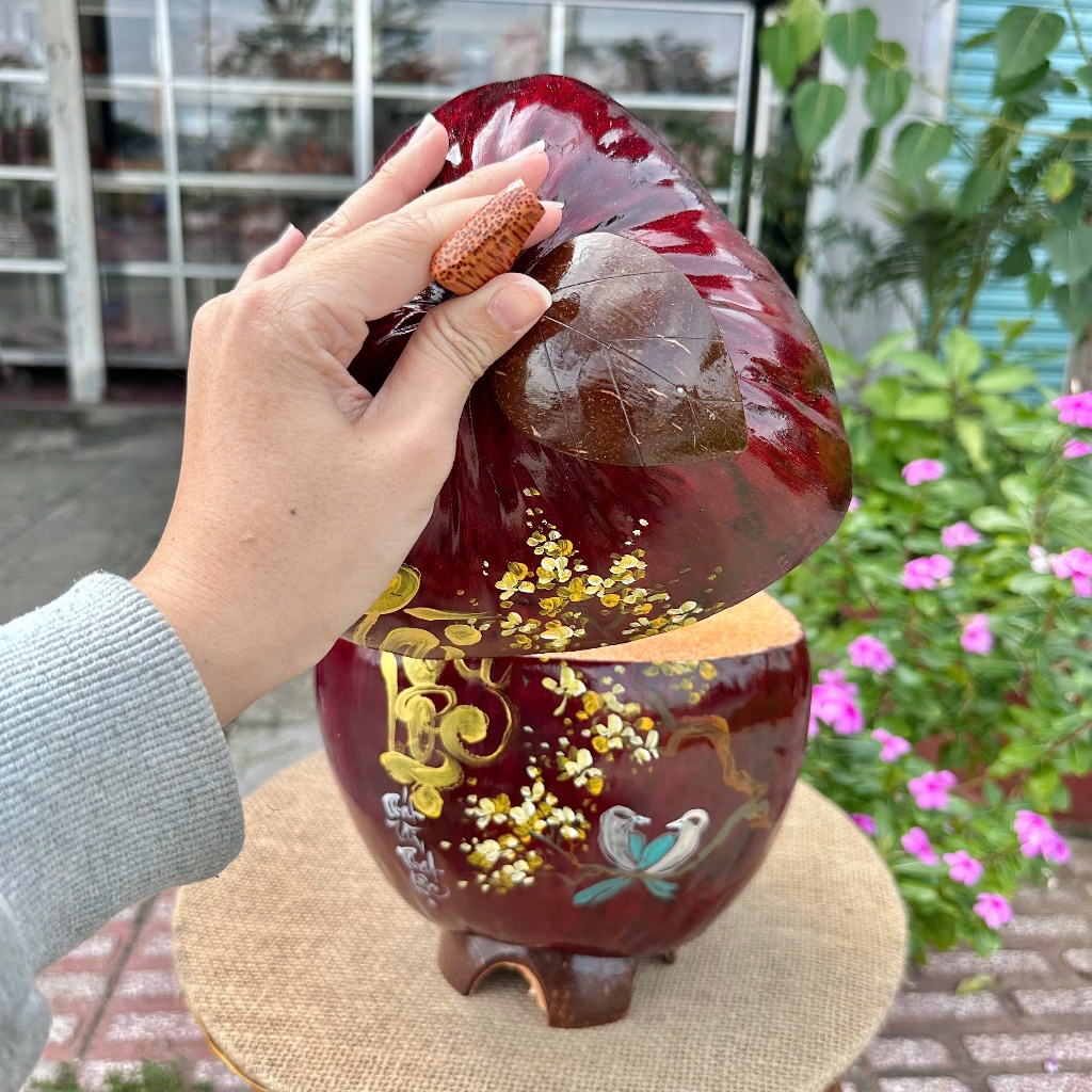 [ SIZE 800ML - 1000ML ] Bình Ủ Trái Dừa Vẽ Thư Pháp Mẫu TÀI LỘC NHO MAI Giữ Nhiệt Ấm Trà Cao Cấp, Trang Trí Bàn Trà Sang