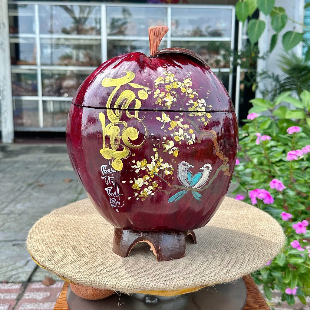[ SIZE 800ML - 1000ML ] Bình Ủ Trái Dừa Vẽ Thư Pháp Mẫu TÀI LỘC NHO MAI Giữ Nhiệt Ấm Trà Cao Cấp, Trang Trí Bàn Trà Sang