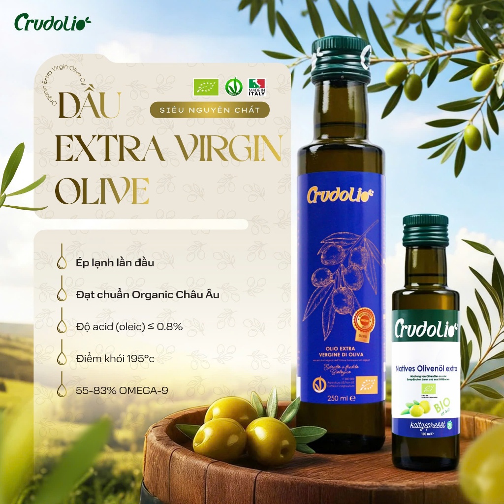 Dầu Olive Ép Lạnh Hữu Cơ Nguyên Chất CRUDOLIO Dầu Oliu Ăn Dặm Ăn Kiêng Thuần Chay